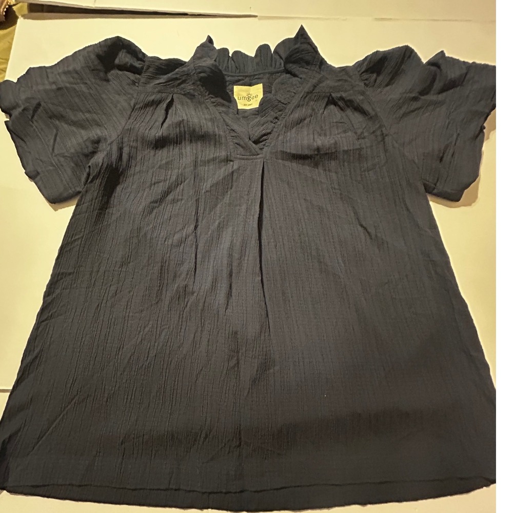 Umgee Navy Blue Textured Cotton Blend Ruffle Neck Puff Sleeve Boho Blouse Top